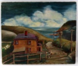 SIGNED UNFRAMED MID CENTURY PAINTING OF CLIFFS