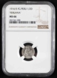 1916 MS 66 NGC PERU 1/2 DINERO FERUANA ERROR COIN