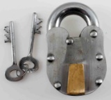 HEAVY VINTAGE LOCK AND PAIR OF SKELETON KEYS