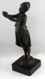 CAST BRONZE STATUE OF SMALL GIRL WITH BIRDS NEST