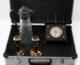 METAL CASE WITH 1863 CLOCK DECANTER CANDLESTICKS