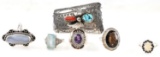 MIXED SILVER JEWELRY LOT RINGS AND BOLO TIE PIECE