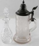 WATERFORD CRYSTAL DECANTER & ETCHED GLASS STEIN