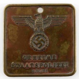WWII THIRD REICH GEHEIME STAATSPOLIZEI BADGE BRASS