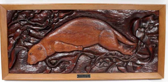 HAND CARVED WOOD RELIEF DIVING OTTER DELLAZOPPA