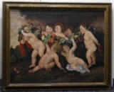 OIL ON CANVAS PAINTING OF PUTTI CARRYING GARLANDS
