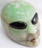 GREEN ONYX HAND CARVED AND ETCHED ALIEN SKULL