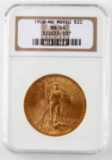 1908 NO MOTTO ST GAUDENS GOLD $20 COIN NGC MS64