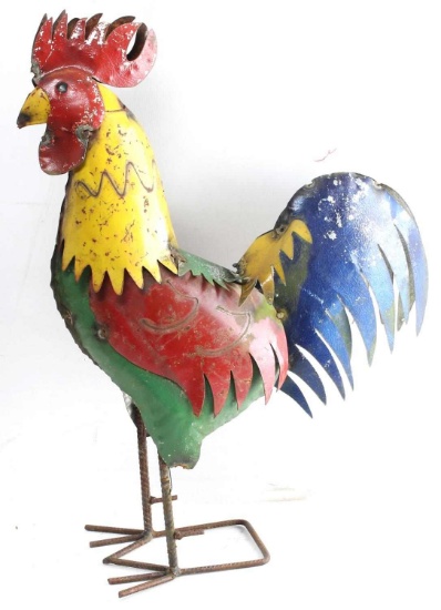 BRIGHTLY COLORED FOLK ART METAL SHEET ROOSTER