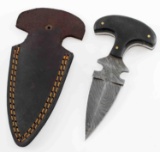 DAMASCUS PUSH DAGGER KNIFE FIXED W LEATHER SHEATH