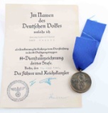 WWII GERMAN 8 YEAR SERVICE MEDAL AND DOCUMENT