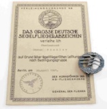 WWII GERMAN 3RD REICH NSFK GLIDER BADGE & CITATION