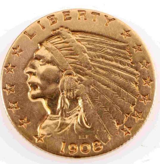 1908 GOLD QUARTER EAGLE INDIAN $2.50 COIN VF