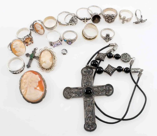 LOT STERLING SILVER JEWELRY RINGS NECKLACE CAMEOS