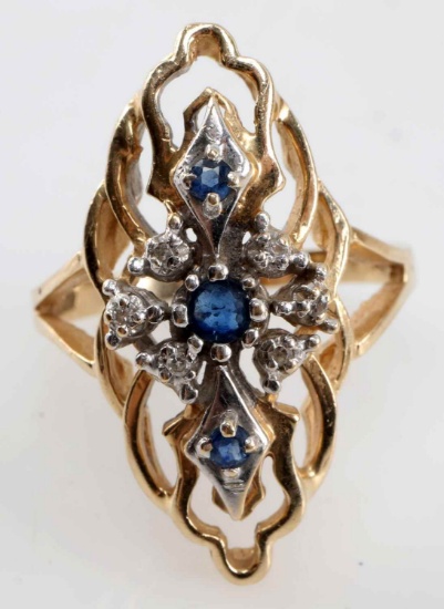 14KT GOLD DIAMOND SAPPHIRE FILIGREE RING