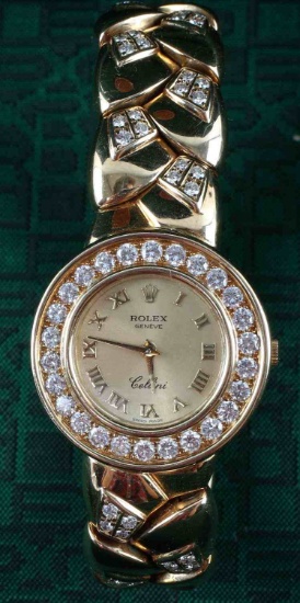 WOMENS 18K GOLD & DIAMOND CUSTOM ROLEX CELLINI