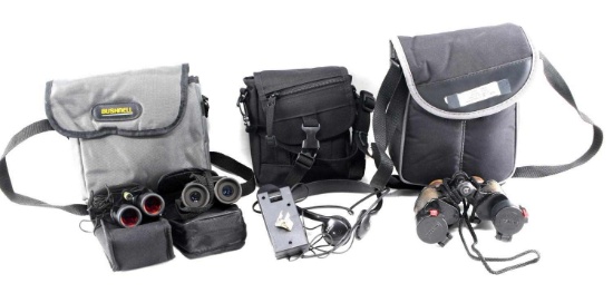 LOT OF HUNTING & CAMPING BINOCULARS & SOUND DEVICE