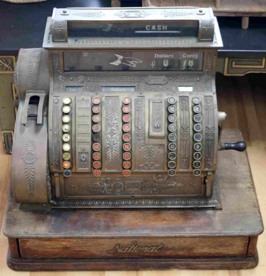 NATIONAL CASH REGISTER MODEL 452 ON OAK WOOD BASE