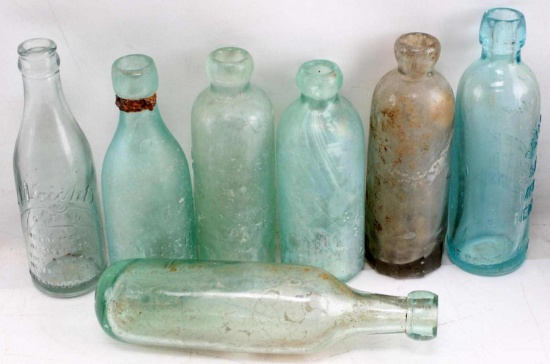 7 ANTIQUE HUTCH TORPEDO AND BLOB TOP BOTTLES