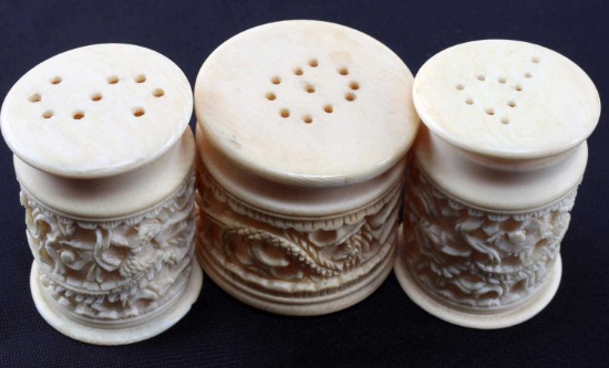 SET OF THREE ANTIQUE IVORY SALT & PEPPER SHAKERS