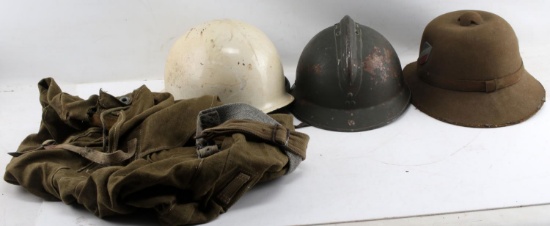 WWII GERMAN US FRENCH HELMET & AFRIKA KORP RUCKSAC