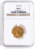1915 GOLD $5.00 HALF EAGLE INDIAN NGC MS61 COIN