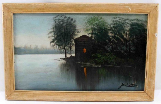 OIL ON CANVAS OF WATERFRONT LANDSCAPE & BUILDING