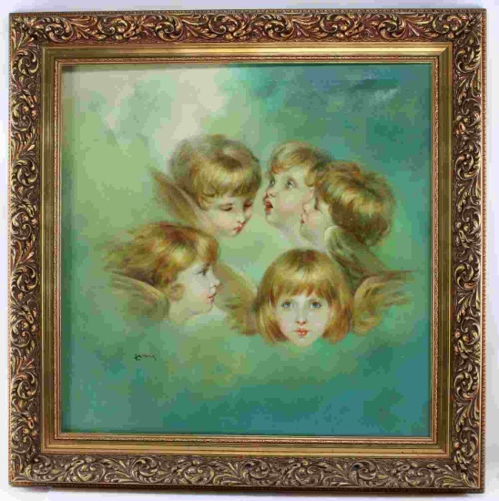 FRAMED OIL ON CANVAS OF CHERUBS IN SKY