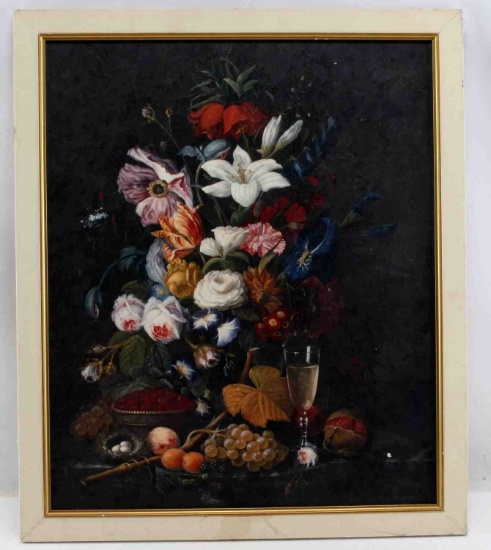 FRAMED OIL ON CANVAS STILL LIFE OF FLOWERS & FRUIT