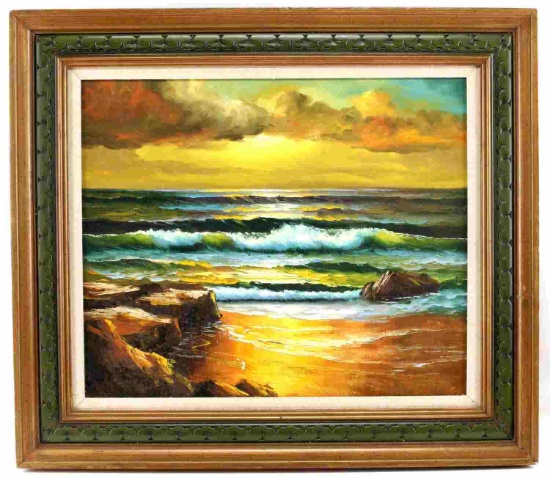 FRAMED OIL ON CANVAS COLORFUL SEASCAPE PAINTING
