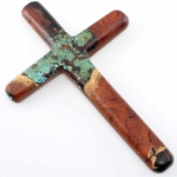 ROUNDED WOOD CROSS W INLAID TURQUOISE DETAILING