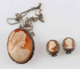 ANTIQUE STERLING SILVER MARCASITE CAMEO SET