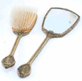 ANTIQUE HAND MIRROR AND BRUSH SET