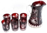 BRILLIANT CRANBERRY CUT CLEAR CRYSTAL PITCHER SET