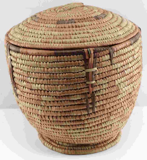 LARGE LIDDED TRIPLE COIL NATIVE AMERICAN BASKET