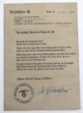 WWII GERMAN SS HONOR DAGGER CITATION HIMMLER SIGN