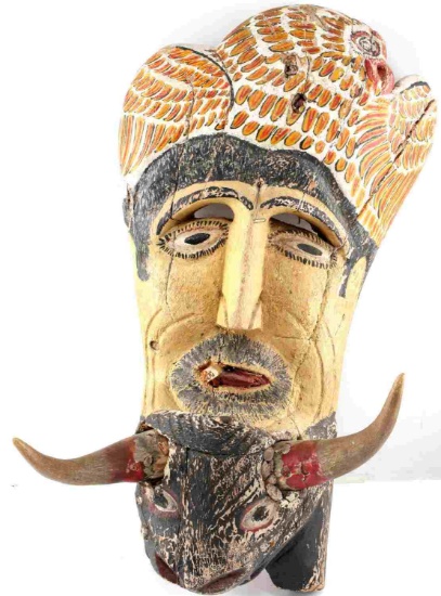 ANTIQUE WOOD MEXICAN MATADOR COCK & BULLFIGHT MASK