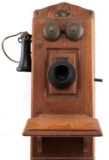 ANTIQUE OAK WALL MOUNTED CRANK TELEPHONE