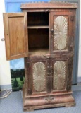LARGE WOOD INDIAN ANTIQUE ARMOIRE W CARVING DETAIL