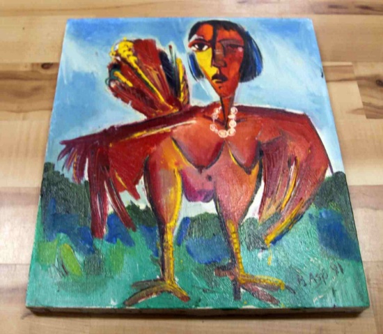 MODERNIST PAINTING SHOWING NUDE WOMAN AS CHICKEN