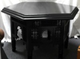 HEAVY DARK WOOD HEXAGONAL CARVED ASIAN TABLE