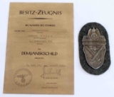 WWII THIRD REICH GERMAN DEMJANSK SHIELD & AWARD