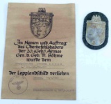 WWII THIRD REICH GERMAN LAPPLAND SHIELD & AWARD