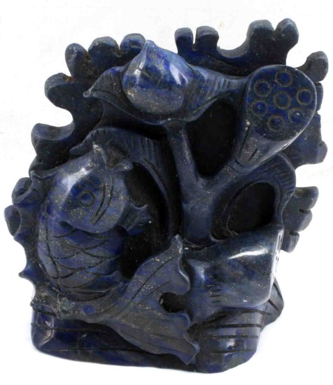 LAPIS LAZULI CARVING OF KOI FISH AND VEGETATION