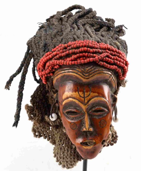 LEGA  AFRICAN CARVED BONE MASK WITH BEADS & HAIR