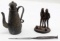 BRASS TEAPOT & NAIL LETTER OPENER & BRONZE FIGURE