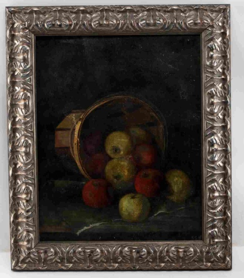 OIL ON CANVAS STILL LIFE OF APPLES IN BASKET