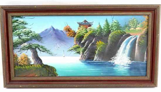 ASIAN OIL ON CANVAS PAINTING PAGODA W WATERFALL