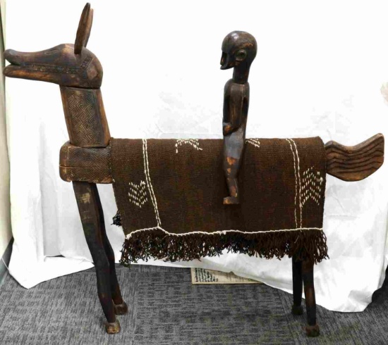 AFRICAN WOOD CARVED RIDER & HORSE W TEXTILE