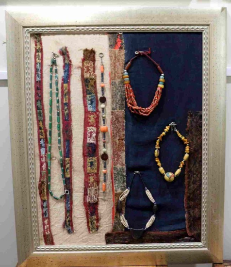 FRAMED PERUVIAN TEXTILES & BEADED NECKLACES